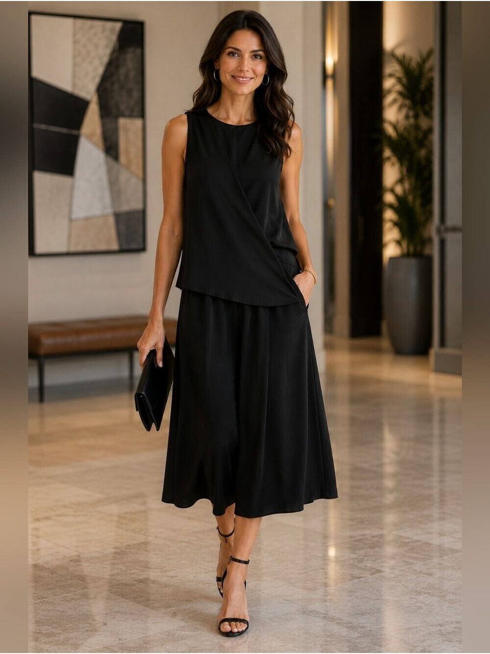 Theory Black Sleeveless Midi Dress Draped Layered Quiet Luxury Modest Chic Sz 10